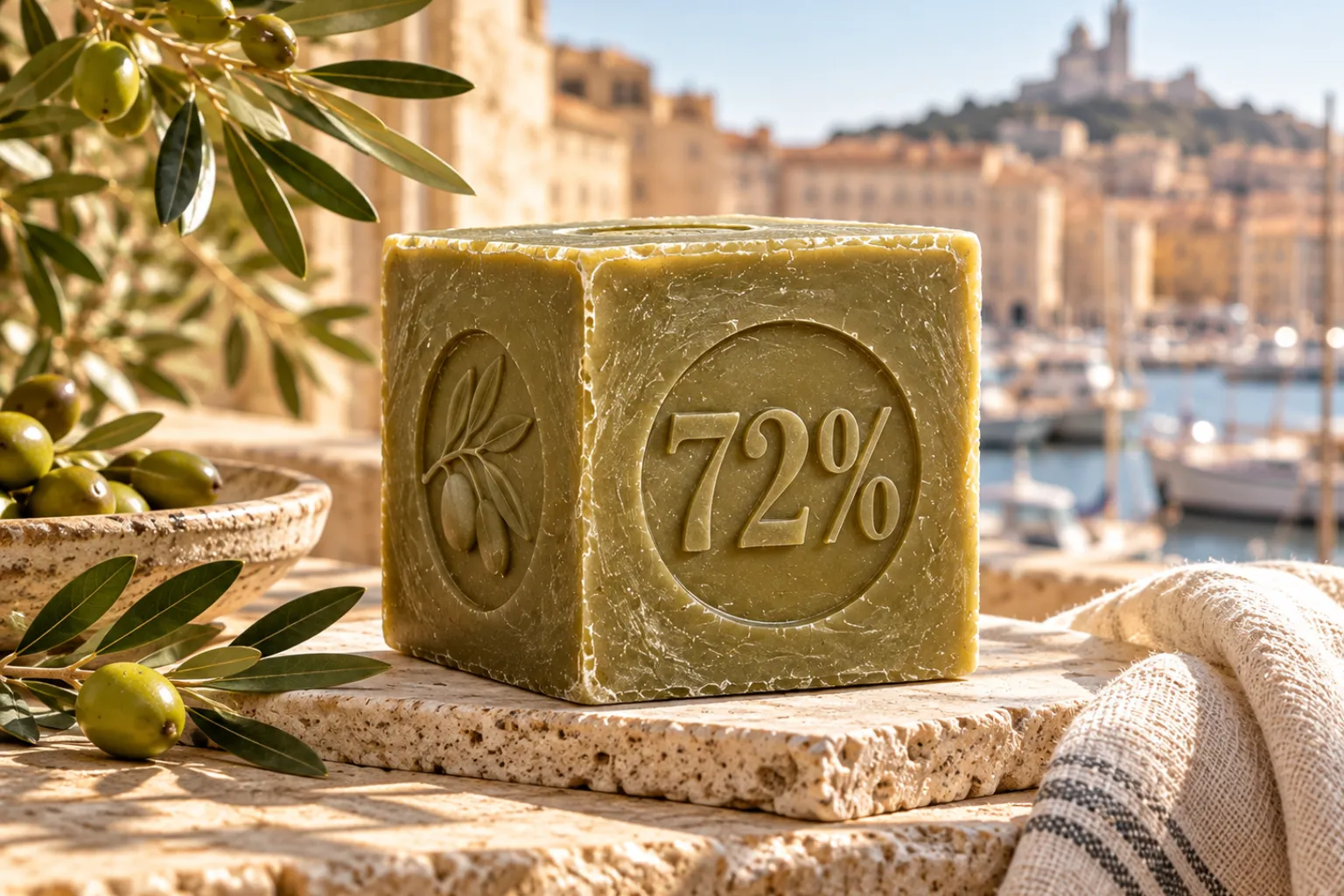 קוביית סבון מרסיי ירוקה עם החותמת 72%, ונמל מרסיי ברקע